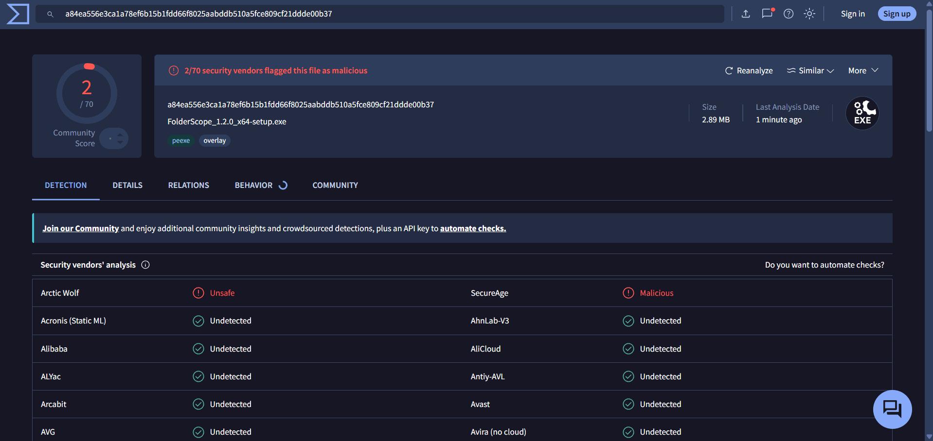 VirusTotal 安全掃描結果頁面，顯示 FolderScope 安裝檔已由 70 家防毒引擎進行分析，其中 68 家未偵測到威脅，2 家提出警示。畫面列出各防毒引擎的檢測結果，供使用者參考安裝檔的安全性。